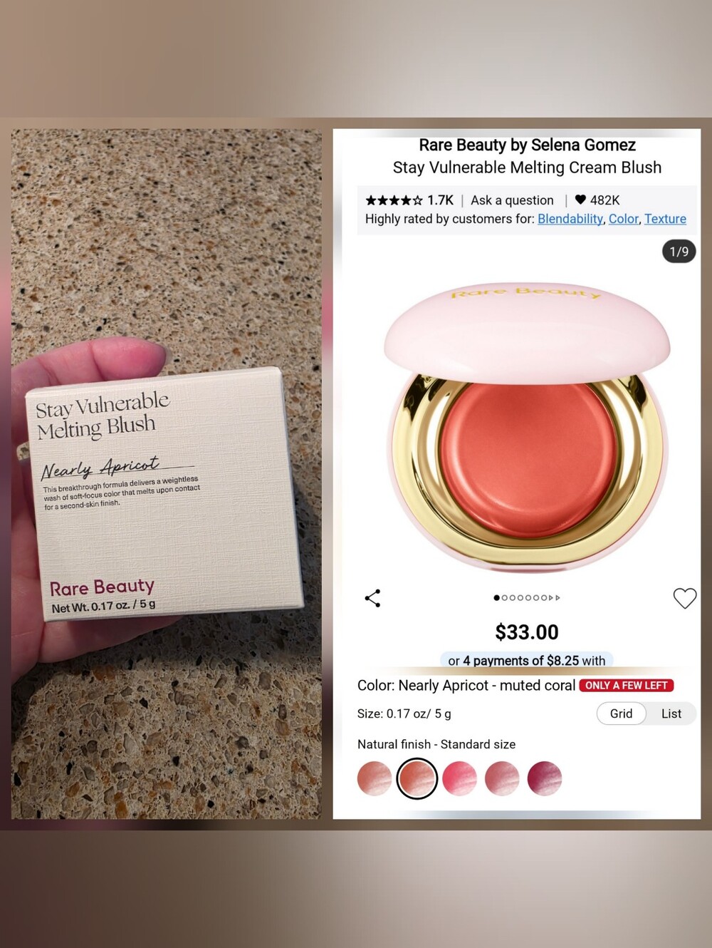 Rare Beauty Stay Vulnerable Melting Cream Blush — Nearly Apricot (Muted Coral)